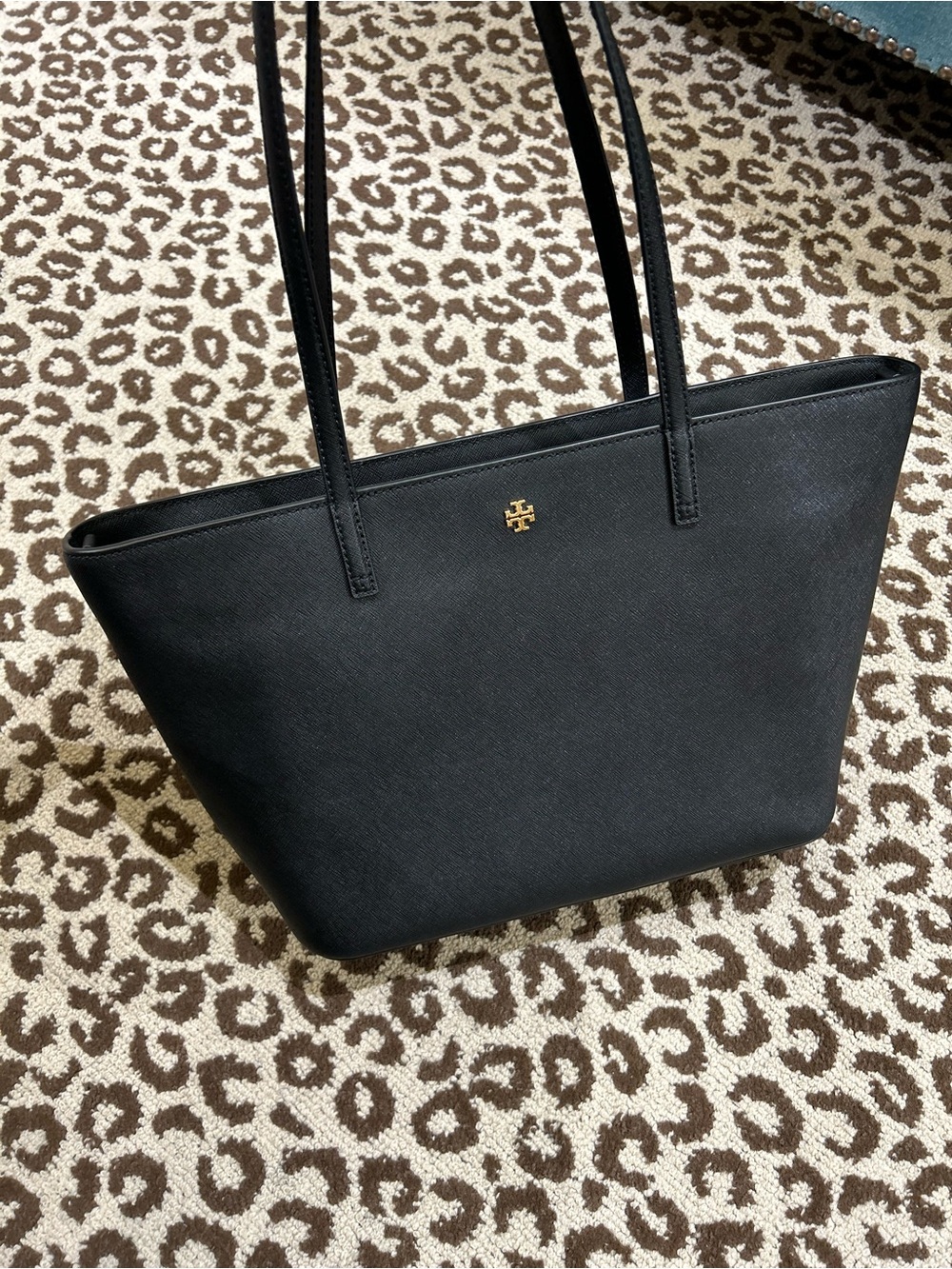Tory Burch black saffiano leather  Tote nylon tote bag zip closure logo gold